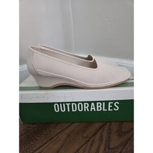 Vtg Daniel Green Canvas Wedge Slip Ons Women's 6.5 Narrow Outdorables Off White